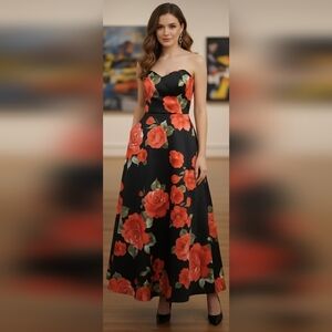 Floral Strapless Black Dress